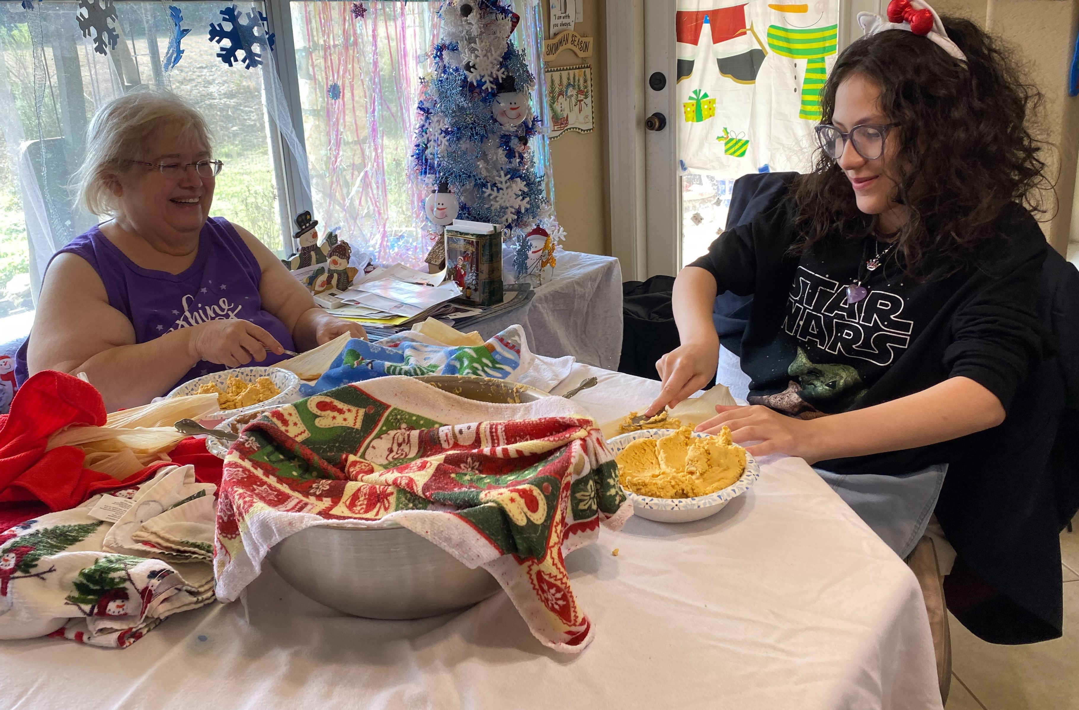 Chiming Belle and Olive Olivia Denbina making Tamales.